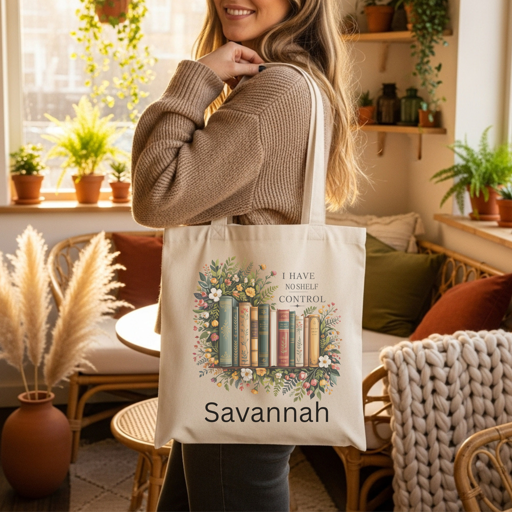 Personalized Bookish Tote - "I Have No Shelf Control" Custom Bag for Book Lover