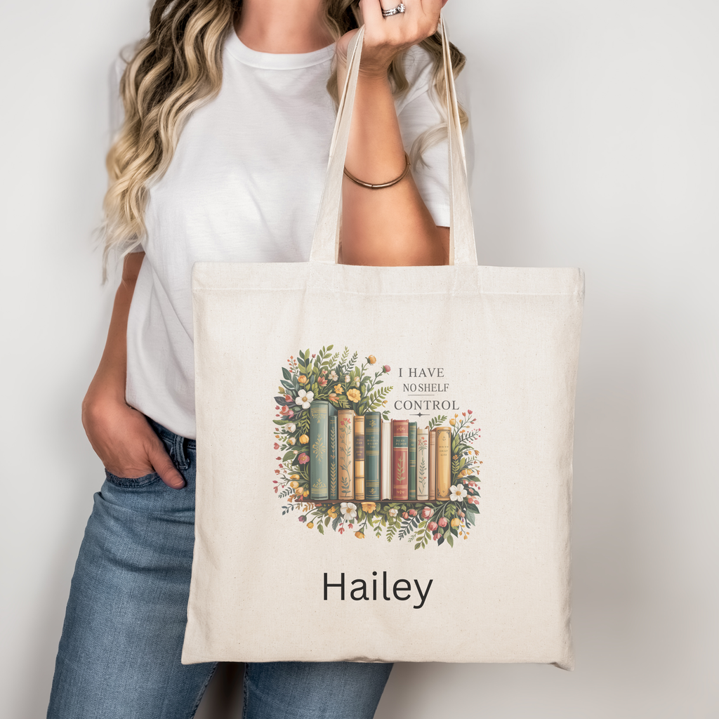Personalized Bookish Tote - "I Have No Shelf Control" Custom Bag for Book Lover
